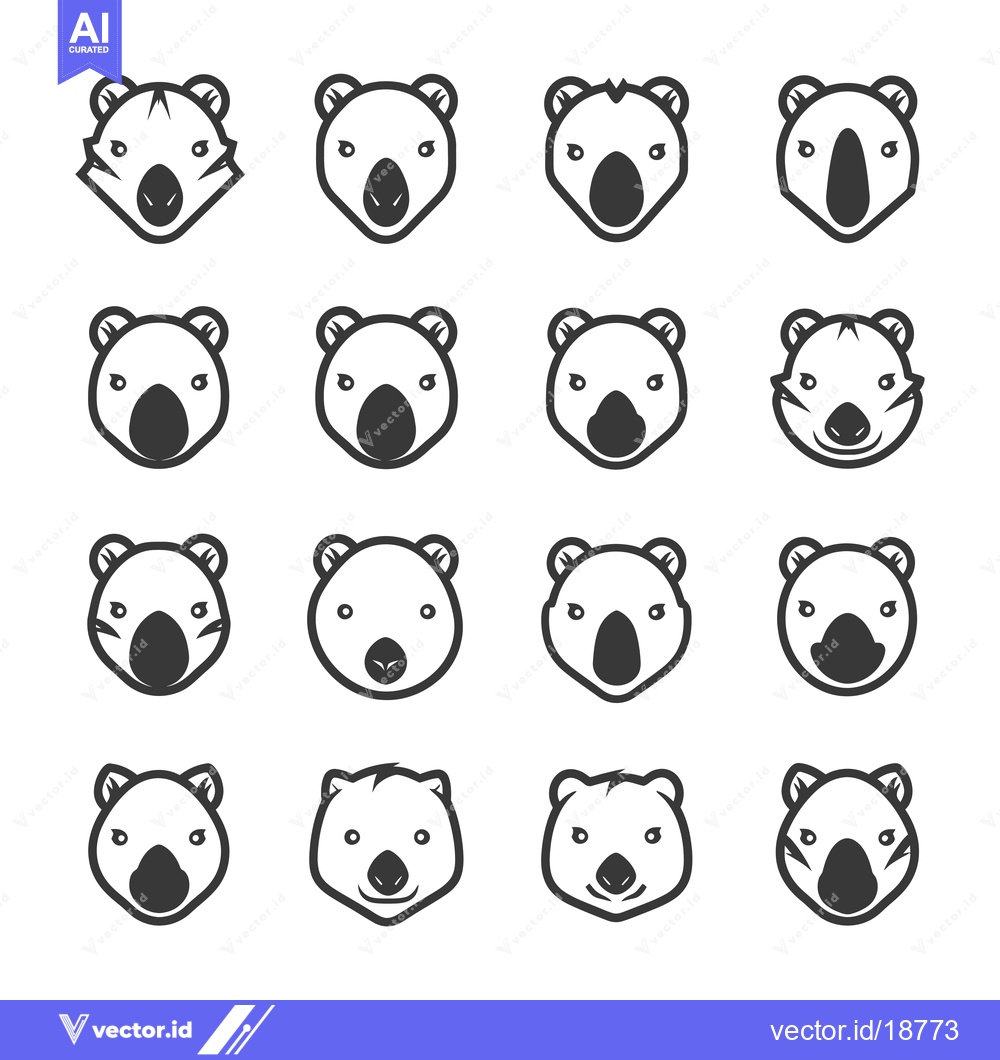Premium Vector of A Set of Sixteen Black and White Koala Bear Faces