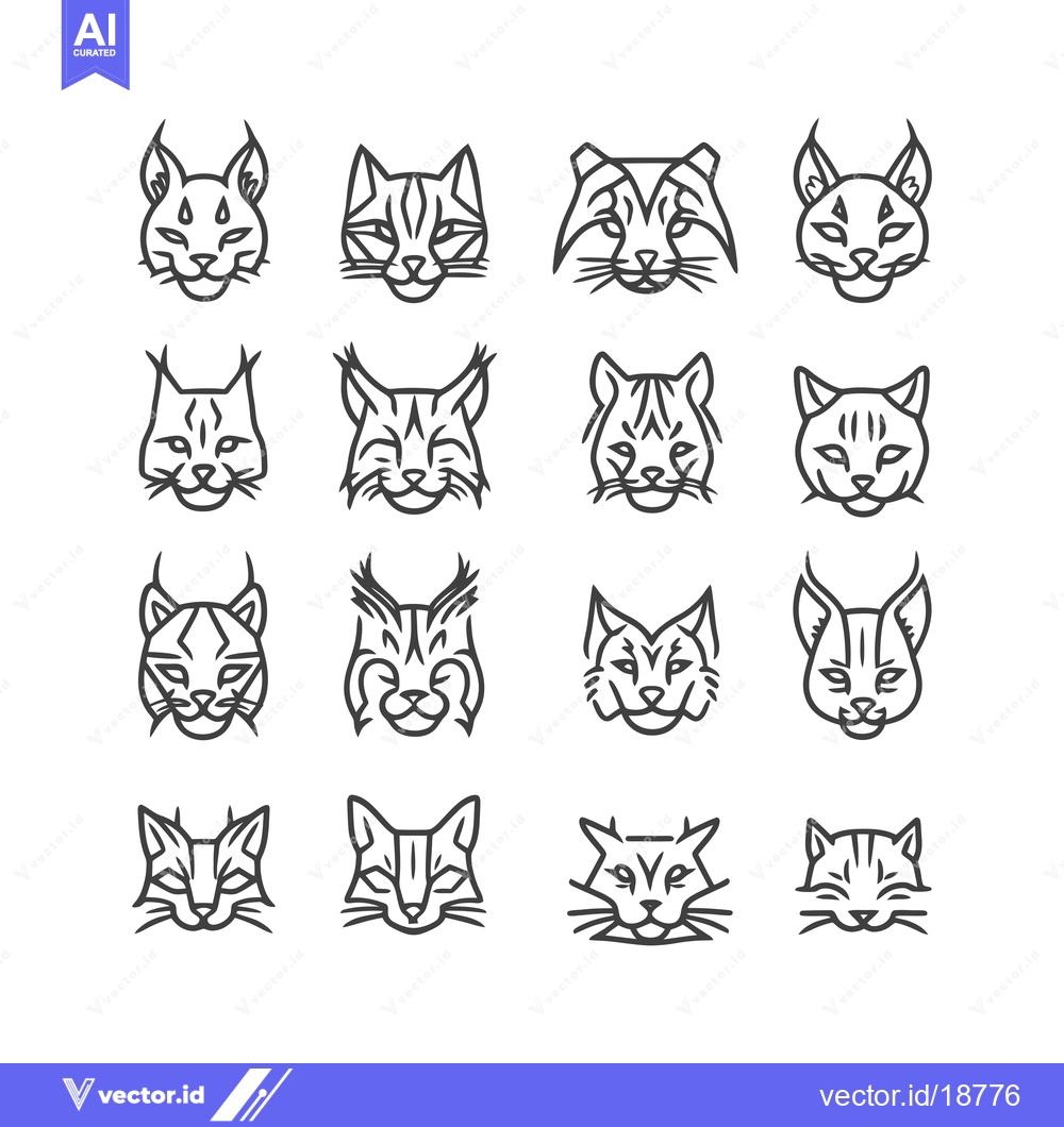 Premium Vector dari A Set of Sixteen Black and White Line Art Cat Heads
