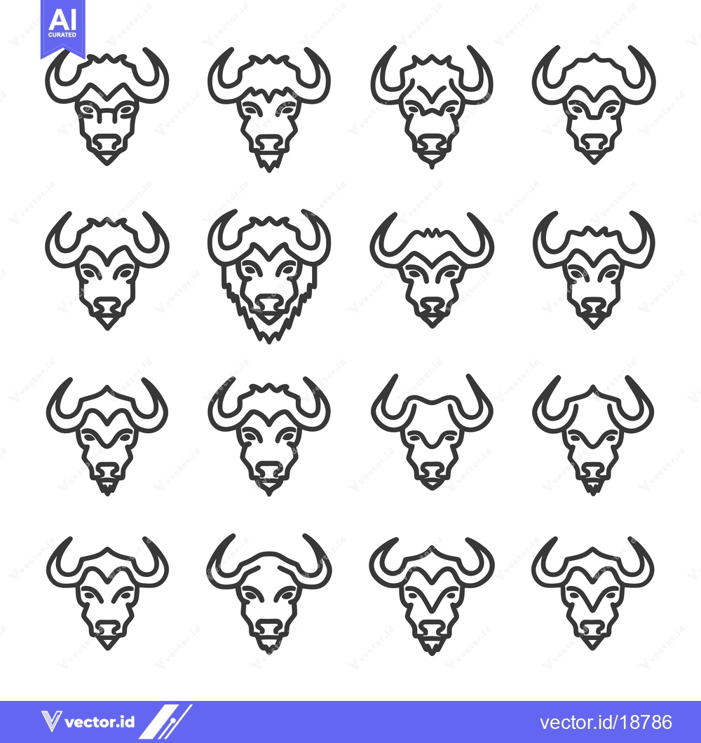 Premium Vector of A set of sixteen black and white outline buffalo head icons
