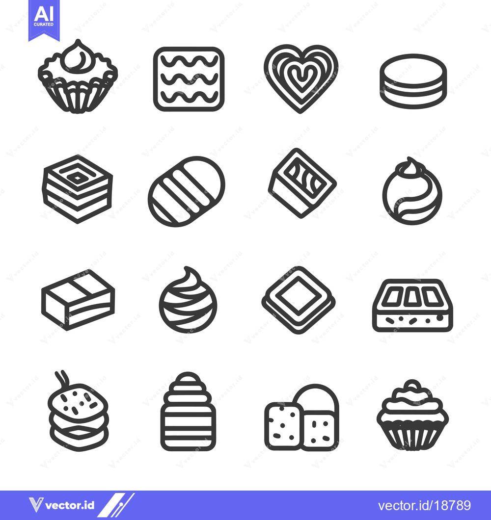 Premium Vector of A Set of Sixteen Black and White Outline Icons Depicting Various Sweet