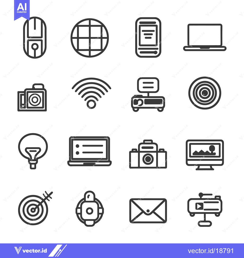 Premium Vector of A Set of Sixteen Black and White Outline Icons Representing Technology