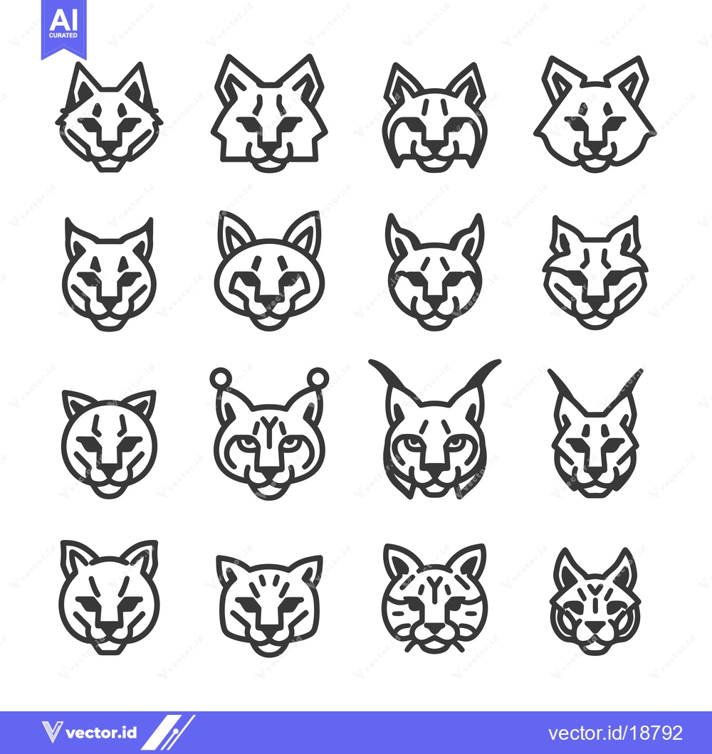 Premium Vector of A Set of Sixteen Black and White Outline Lynx Head Icons