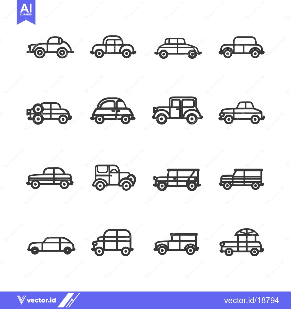 Premium Vector of A Set of Sixteen Black and White Outline Vintage Car Icons