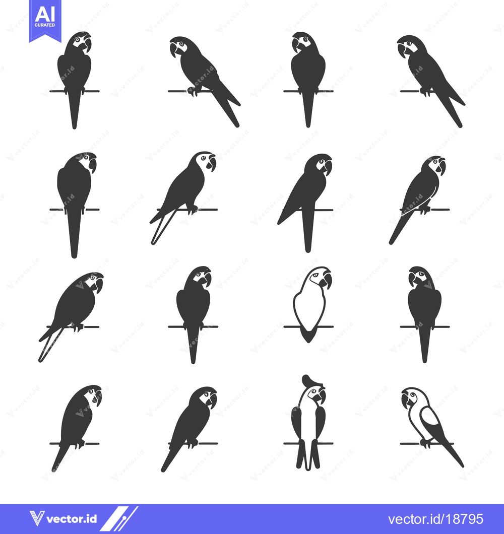 Premium Vector of A Set of Sixteen Black and White Parrot Silhouettes