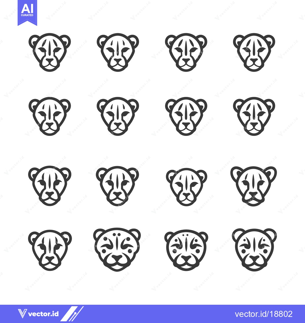 Premium Vector dari A set of sixteen black outline cheetah head icons