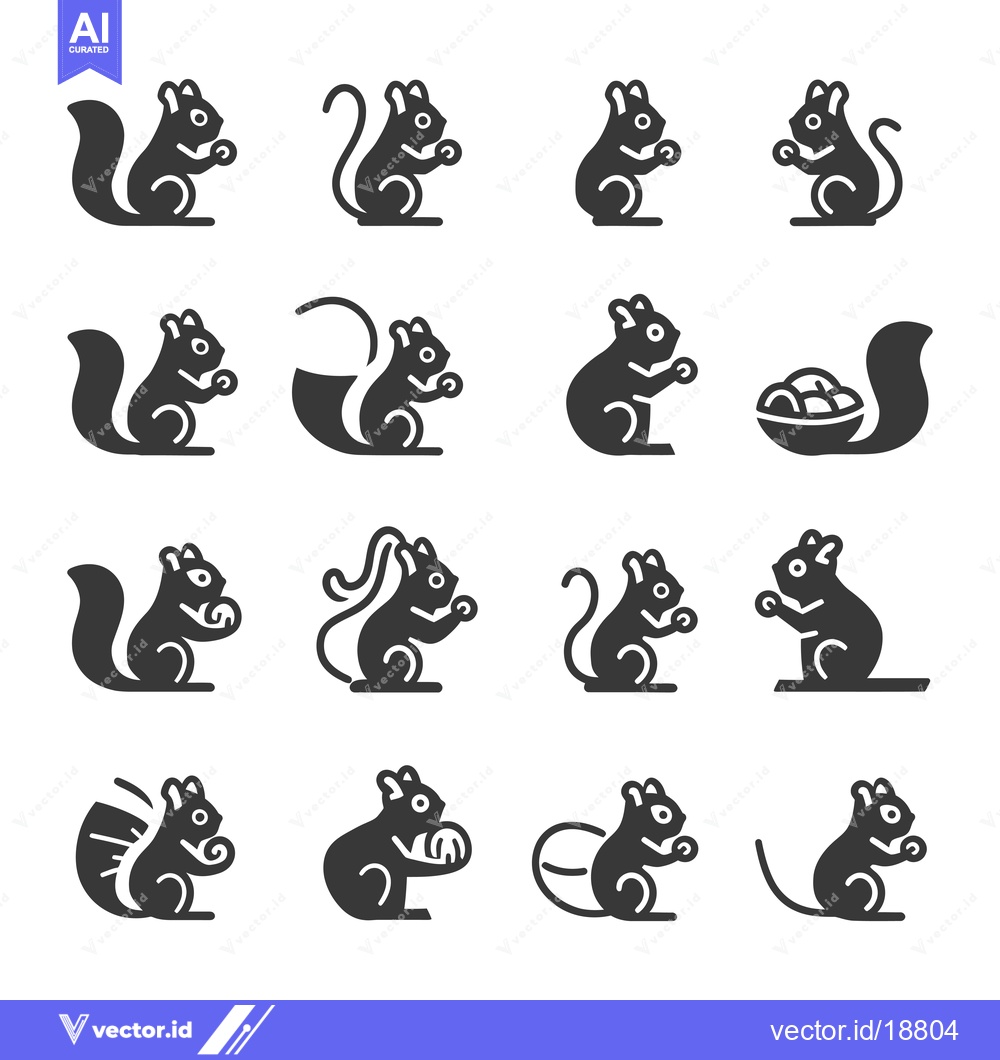 Premium Vector of A Set of Sixteen Black Squirrel Icons in Various Poses