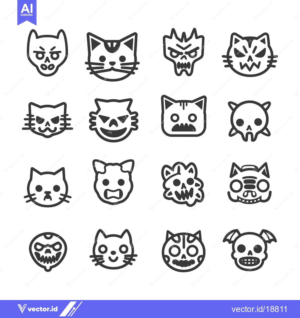 Premium Vector dari A Set of Sixteen Cat Skull and Cat Face Emojis