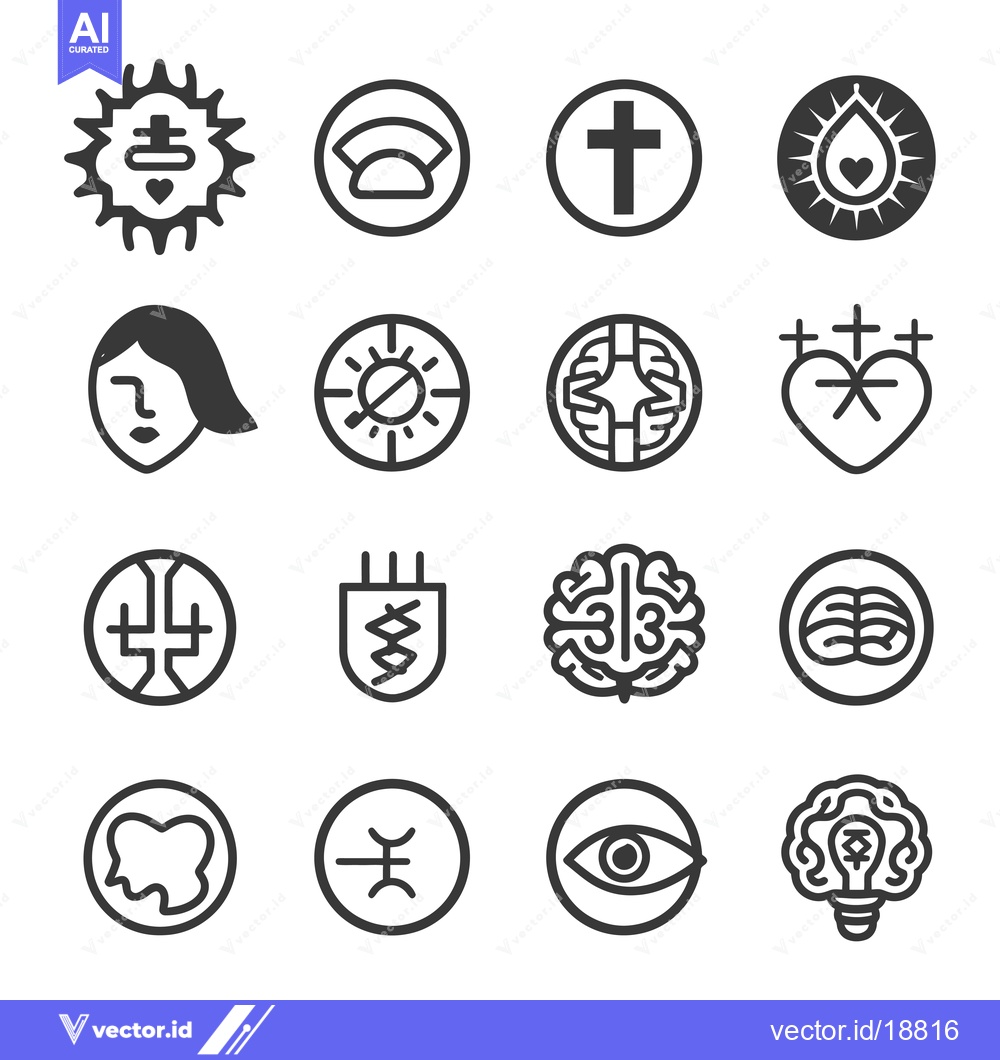 Premium Vector of A Set of Sixteen Circular Black and White Icons Depicting Various Abst