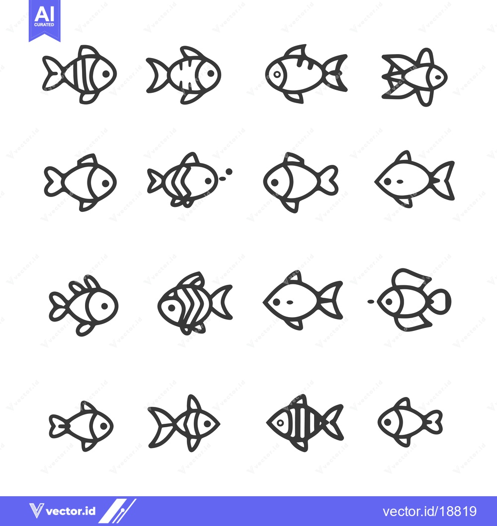 Premium Vector of A Set of Sixteen Diverse Fish Line Drawings