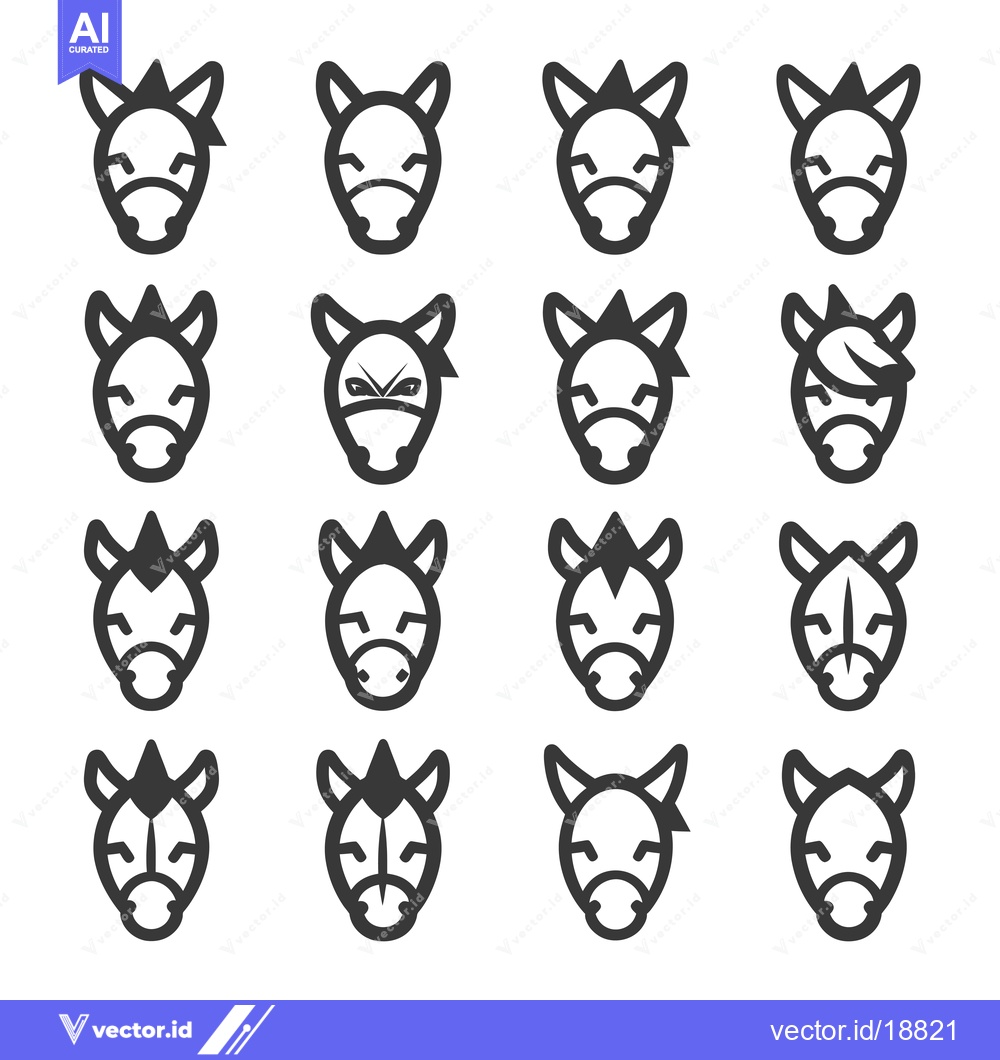 Premium Vector dari A Set of Sixteen Donkey Head Icons with Various Mane Styles
