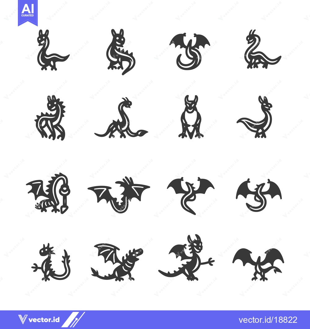 Premium Vector of A Set of Sixteen Dragon Icons in Black and White
