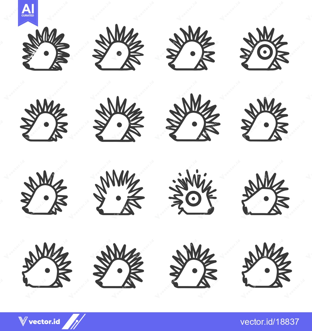 Premium Vector of A Set of Sixteen Line Art Hedgehog Illustrations