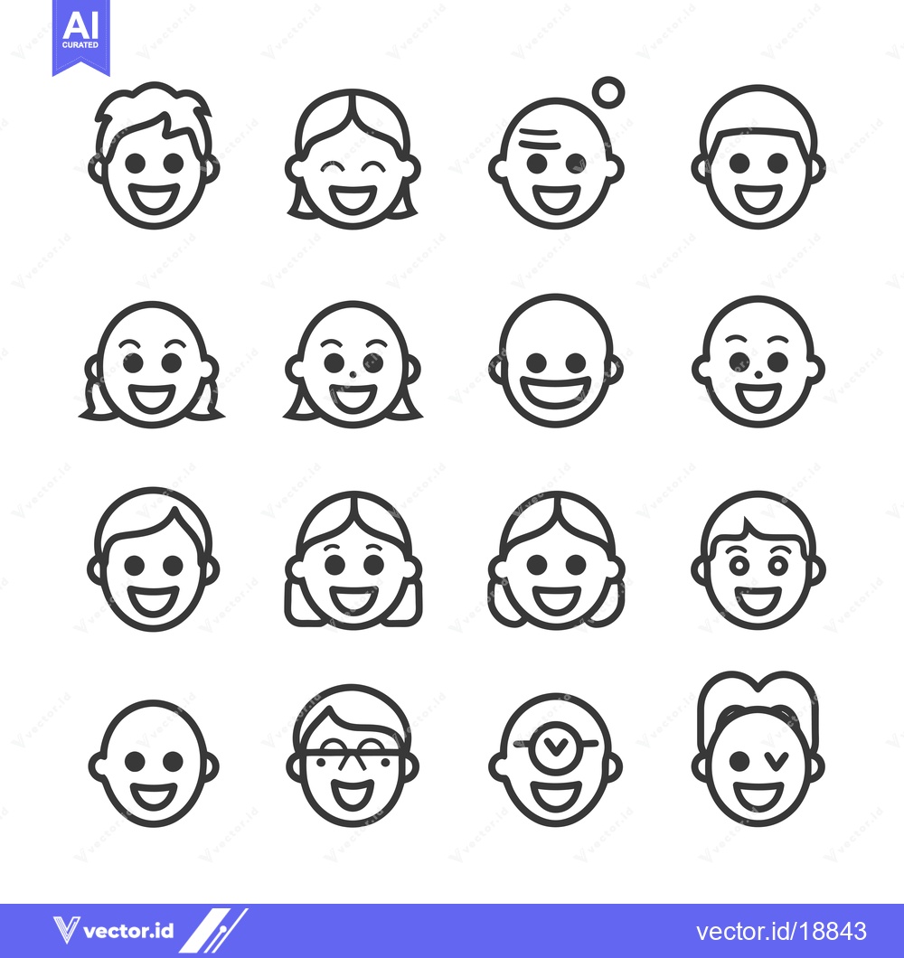 Premium Vector dari A Set of Sixteen Line Drawings Depicting Smiling Faces