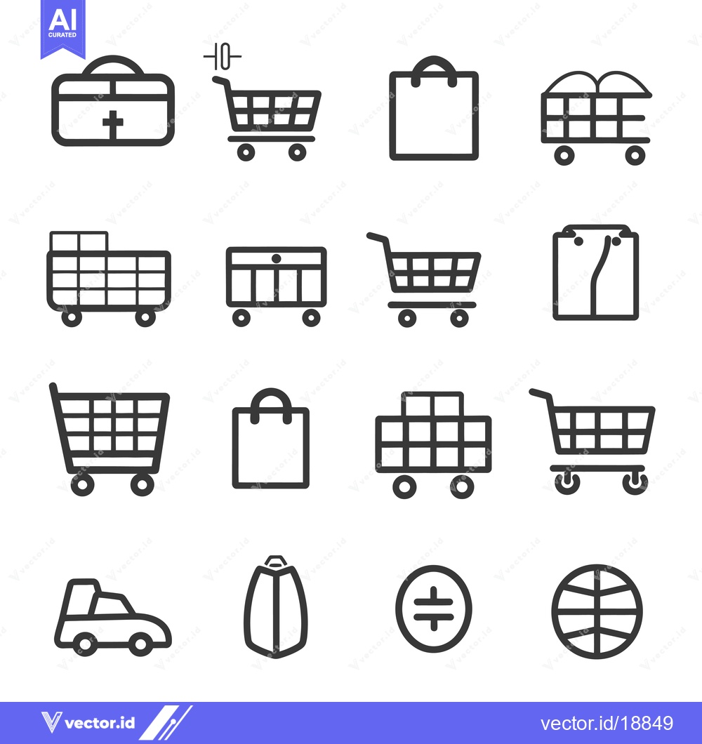 Premium Vector of A Set of Sixteen Line Drawings of Shopping Carts, Bags, and Other Rela