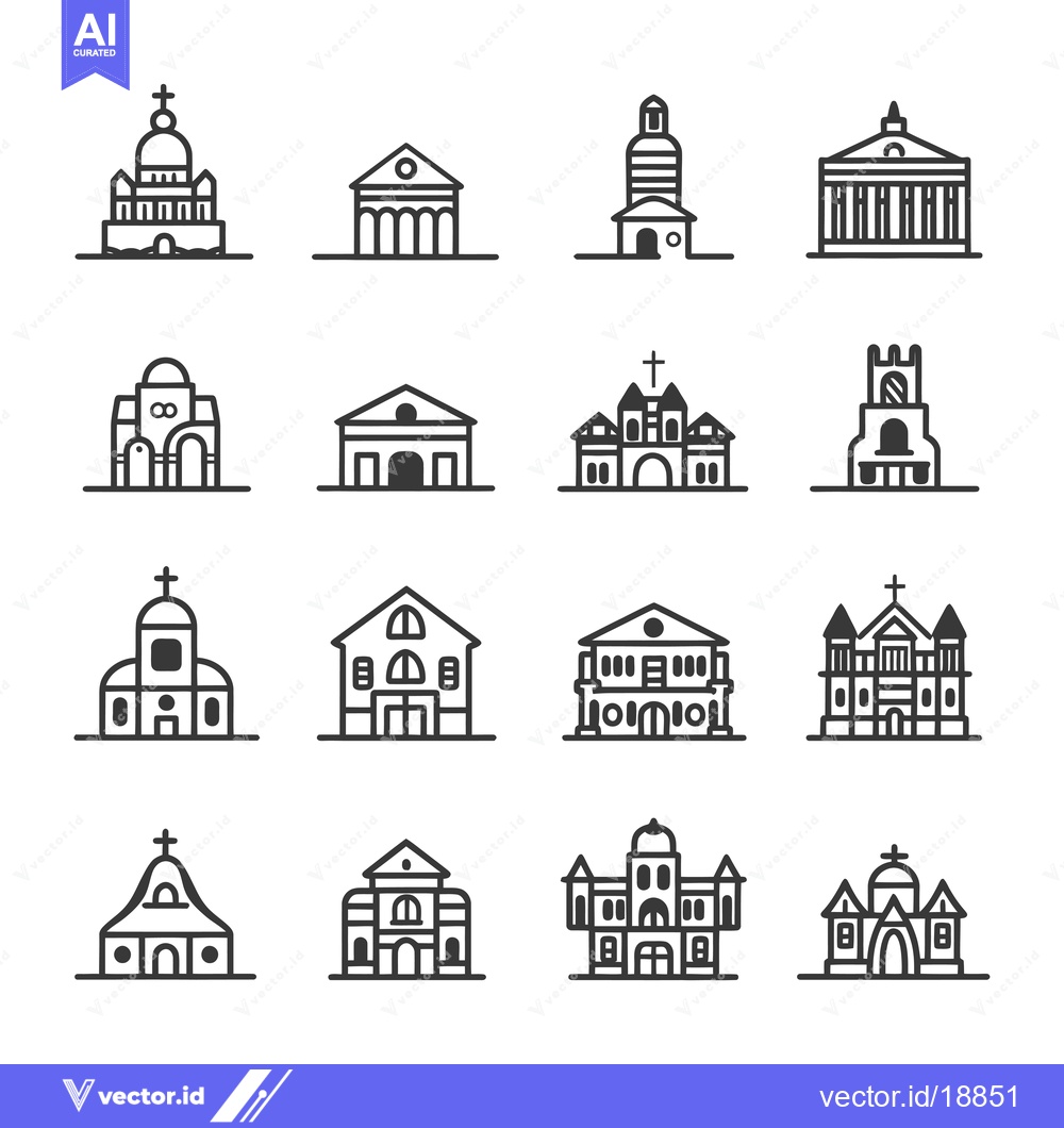 Premium Vector of A Set of Sixteen Line Drawings of Various Church Buildings