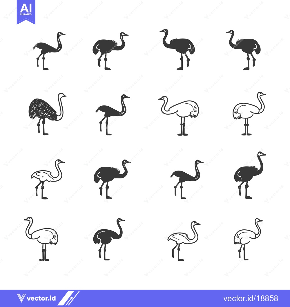 Premium Vector dari A Set of Sixteen Ostrich Silhouettes in Black and White