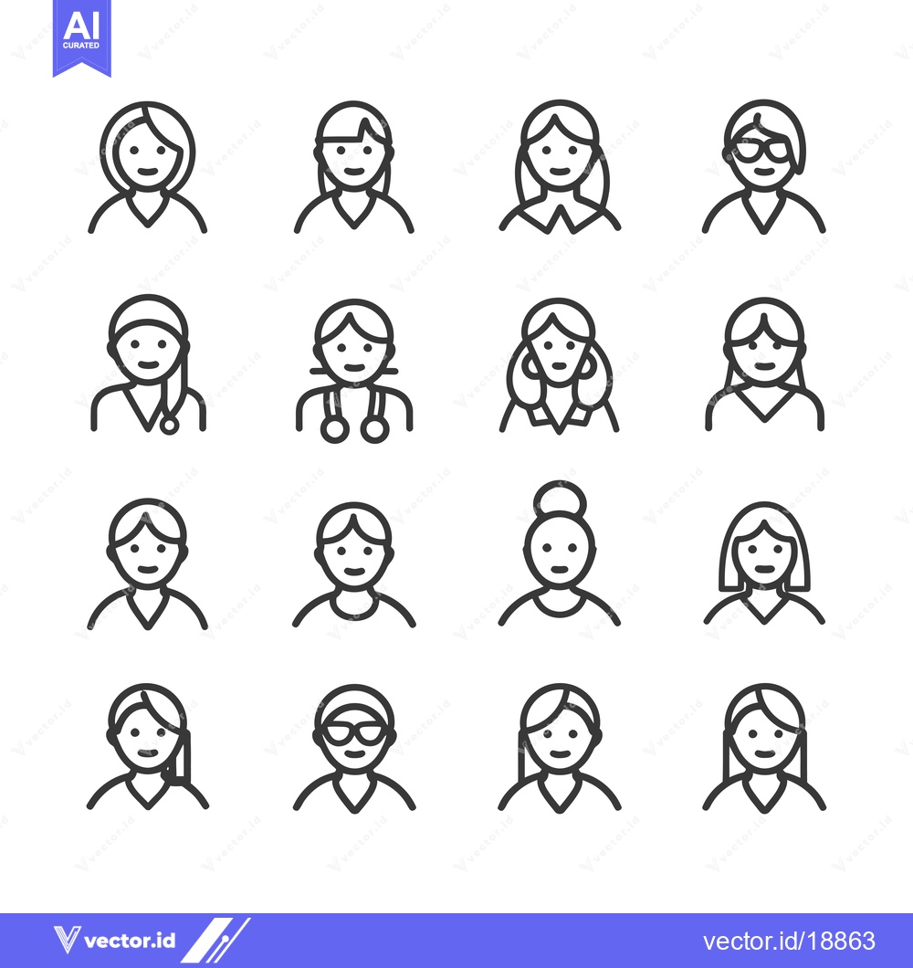 Premium Vector of A Set of Sixteen Outline Icons Depicting Female Characters