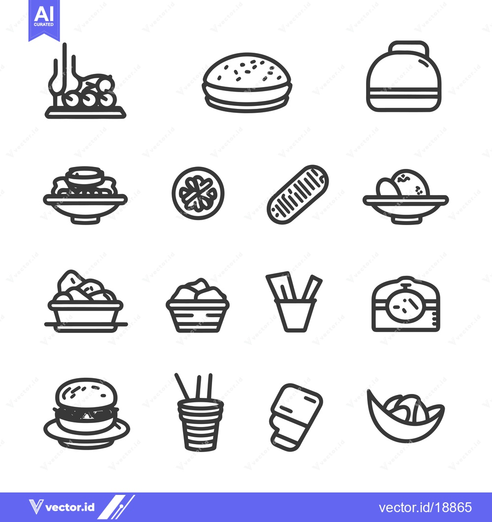 Premium Vector of A Set of Sixteen Outline Icons Depicting Various Food Items