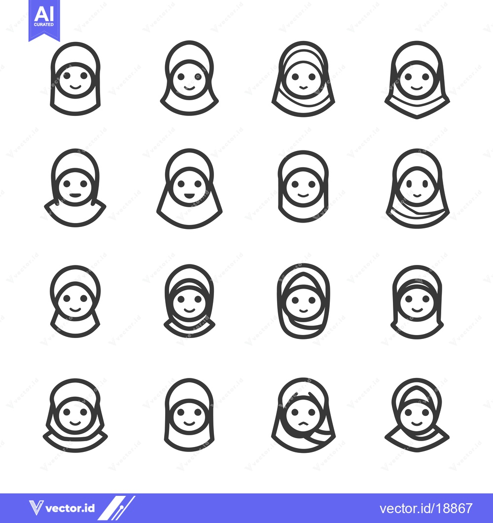 Premium Vector of A Set of Sixteen Outline Icons of Muslim Women Wearing Hijab