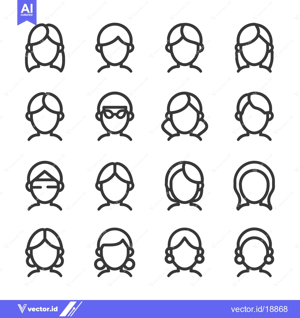 Premium Vector of A Set of Sixteen Outline Illustrations Depicting Female Profiles with