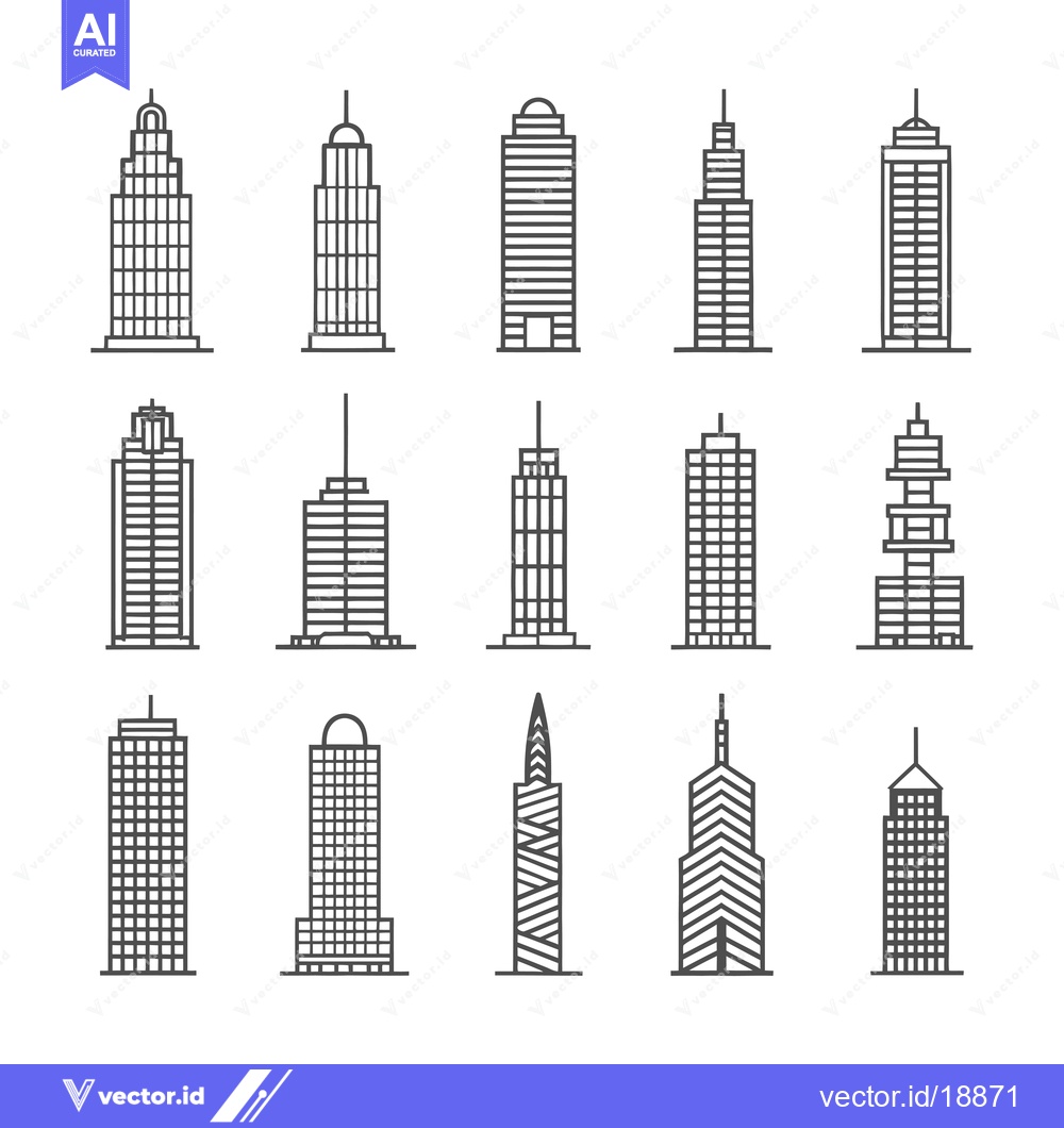 Premium Vector dari A Set of Sixteen Outline Illustrations of Modern Skyscrapers