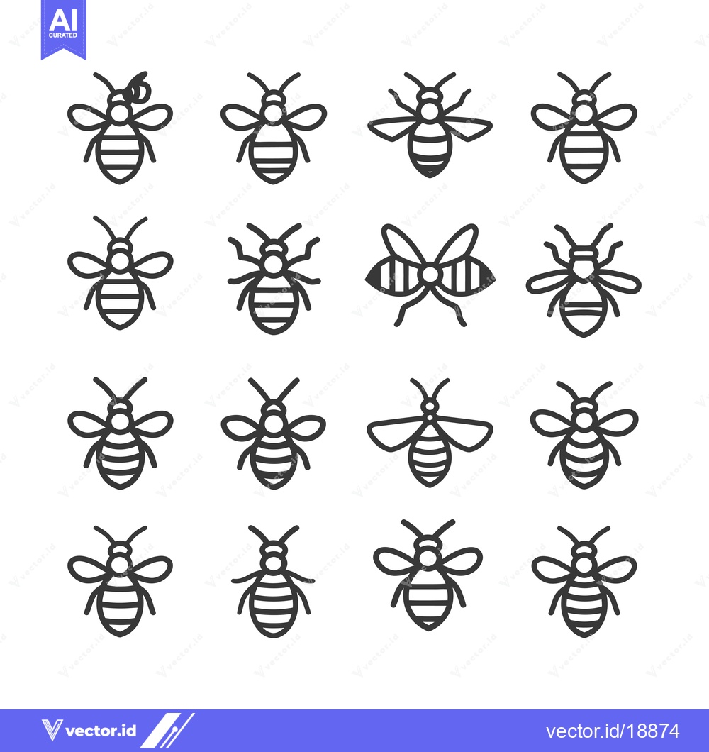 Premium Vector of A Set of Sixteen Simple Black and White Bee Line Drawings