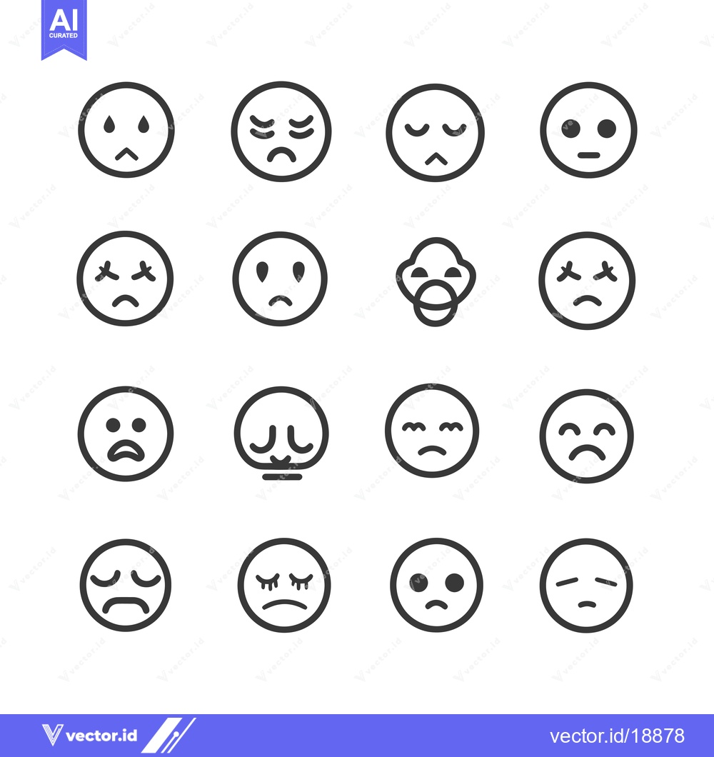 Premium Vector dari A Set of Sixteen Simple Black and White Sad Emojis