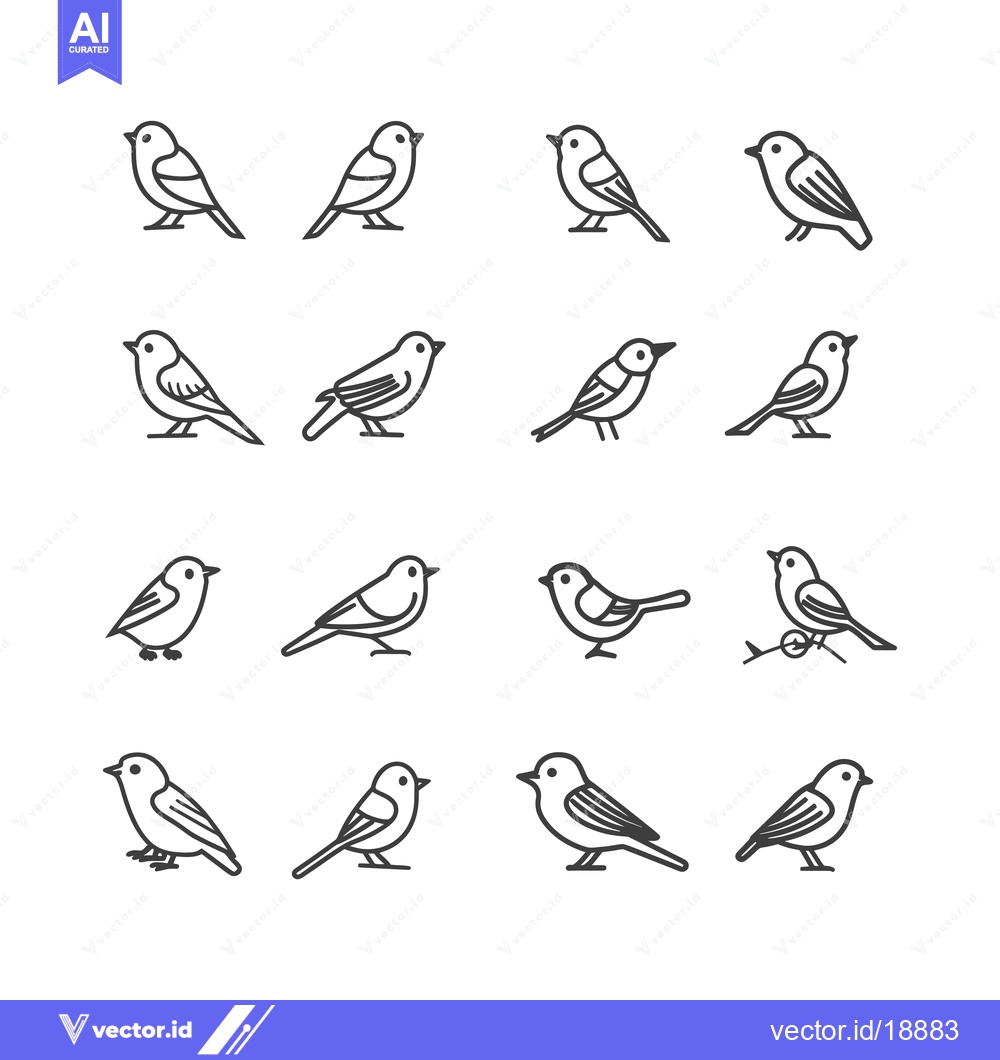 Premium Vector dari A Set of Sixteen Simple Line Drawings of Birds