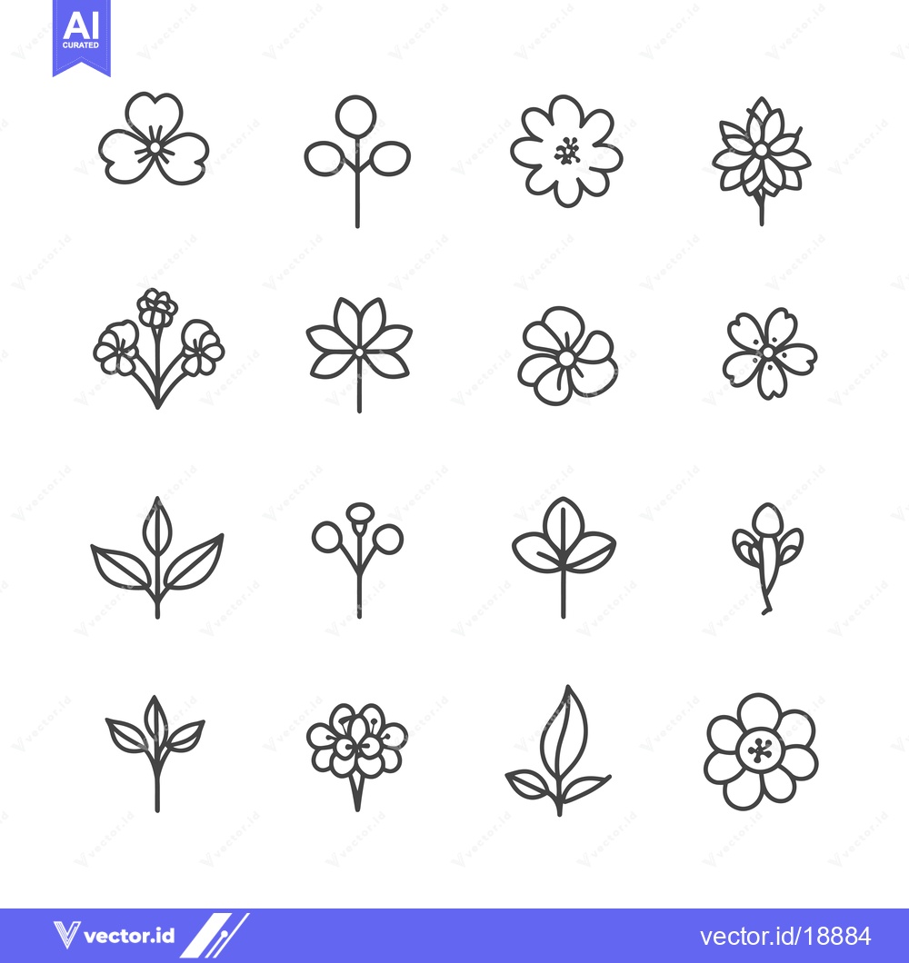 Premium Vector dari A Set of Sixteen Simple Line Drawings of Flowers and Leaves