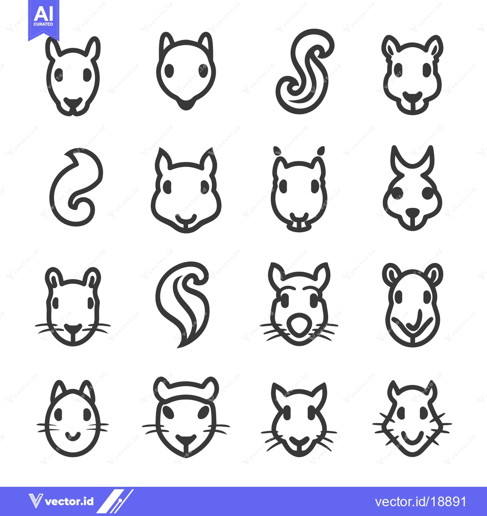 Premium Vector of A Set of Sixteen Squirrel and Tail Icons in Black and White Outline
