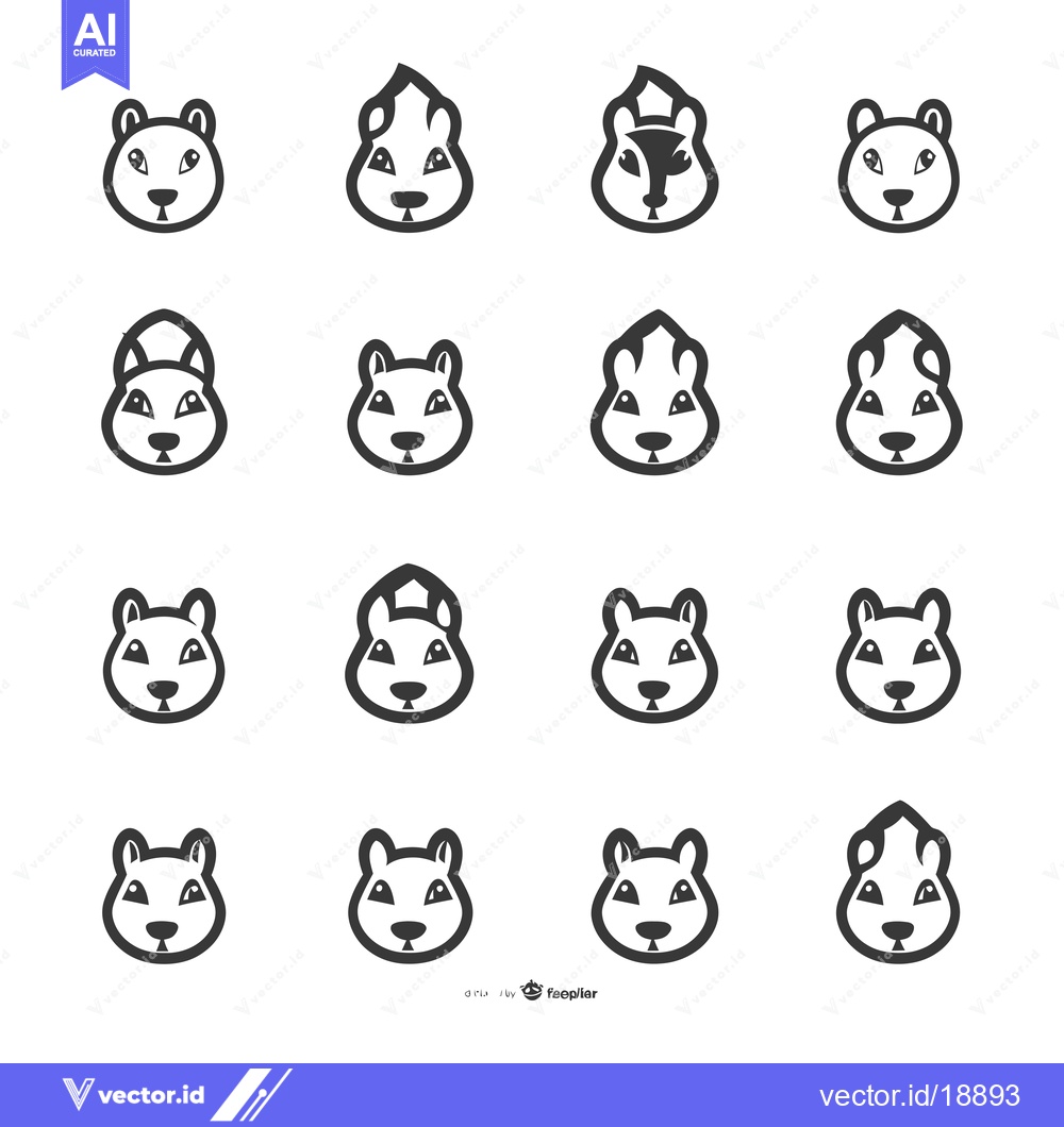 Premium Vector dari A Set of Sixteen Stylized Squirrel Faces in Black and White