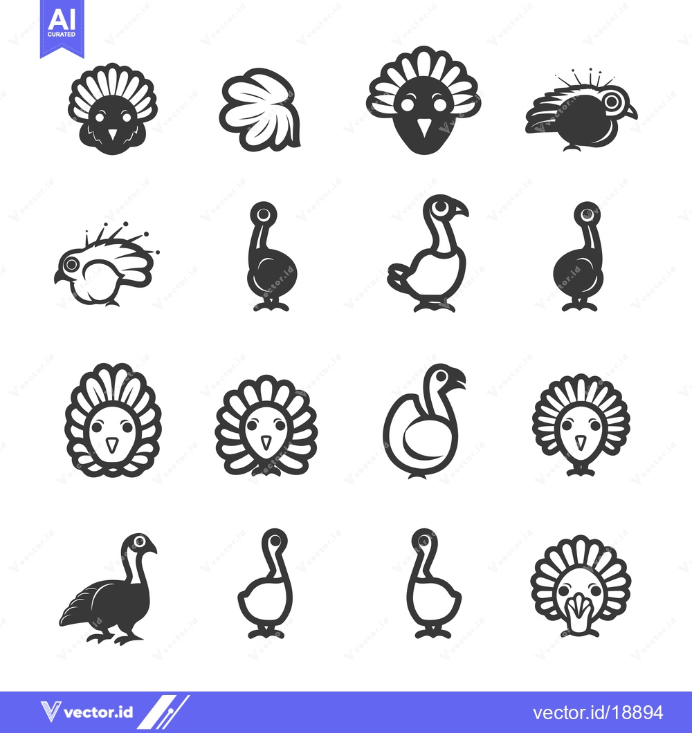 Premium Vector dari A set of sixteen stylized turkey illustrations in various poses