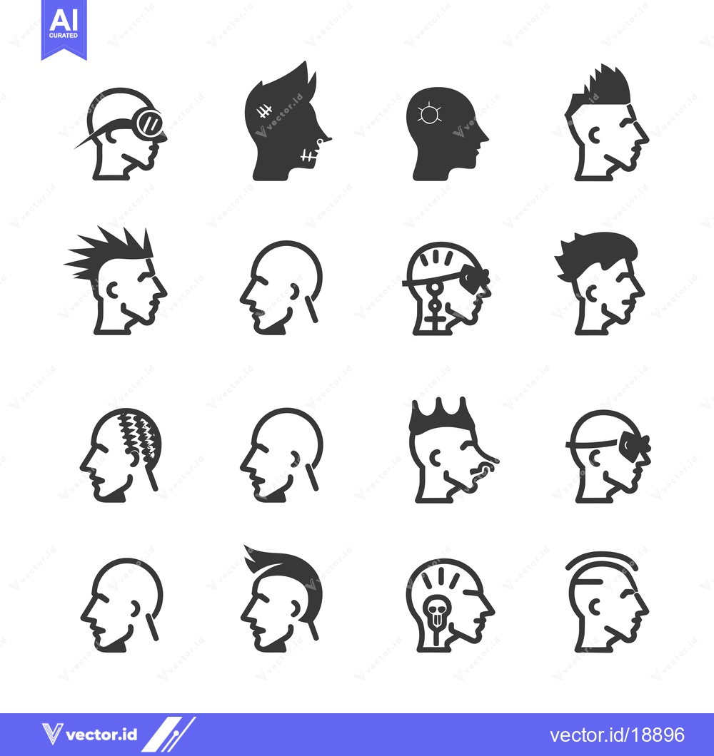 Premium Vector dari A Set of Sixteen Unique Male Hairstyle and Head Silhouette Icons