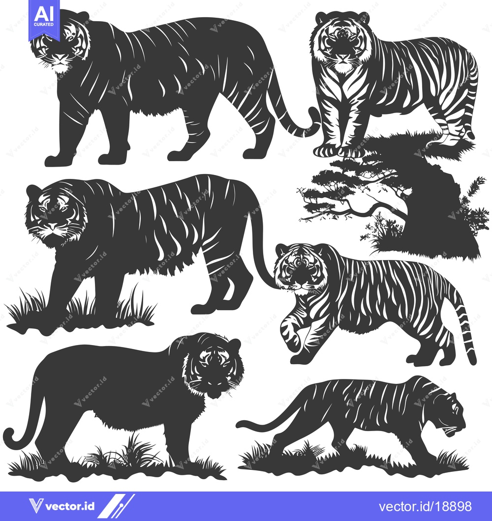 Premium Vector dari A Set of Six Tiger Silhouettes with Grass and a Tree