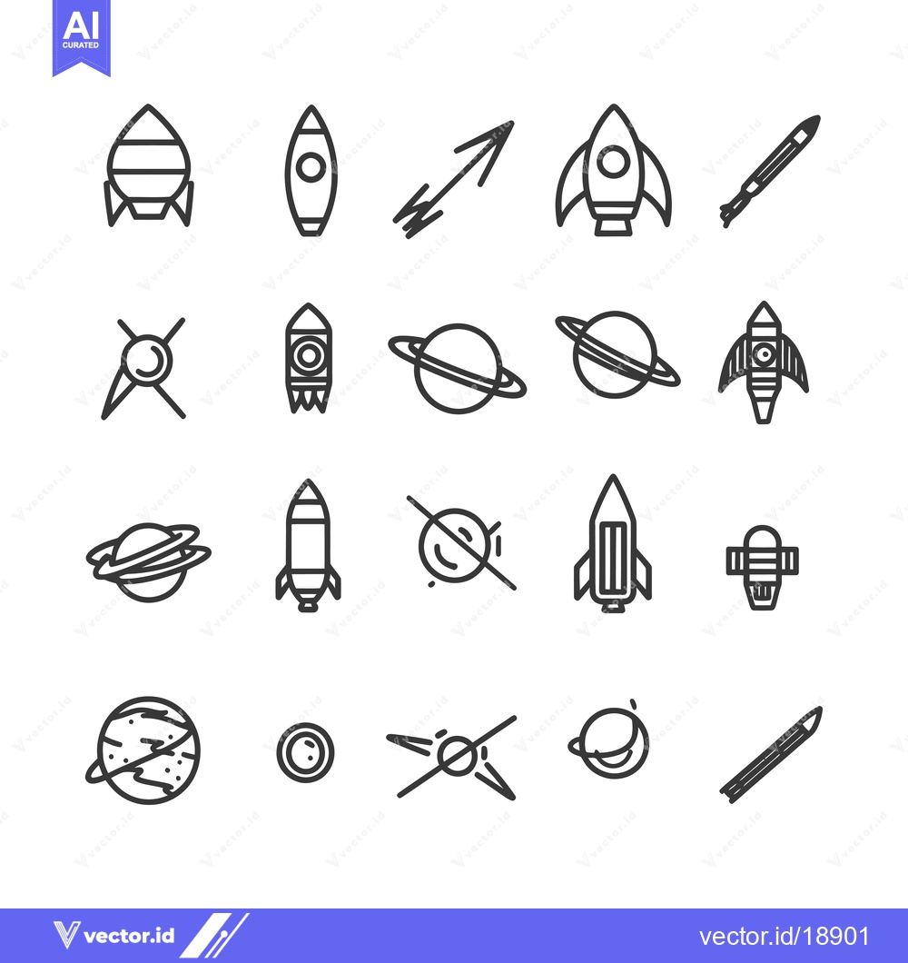 Premium Vector dari A Set of Space-Themed Line Icons Depicting Rockets, Planets, and Satel