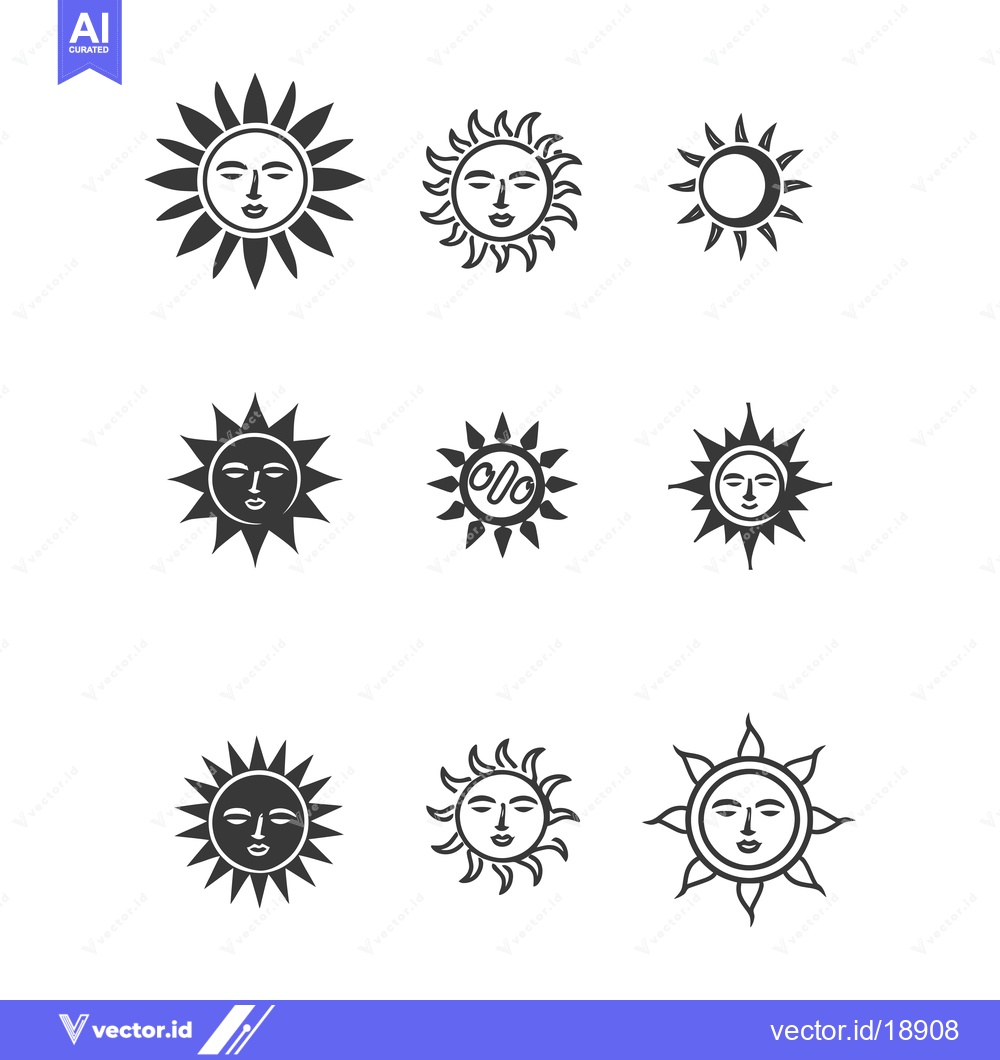 Premium Vector dari A Set of Stylized Sun Icons with Faces and Rays