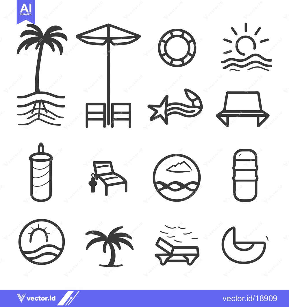Premium Vector dari A Set of Summer Beach Vacation Icons in Black and White