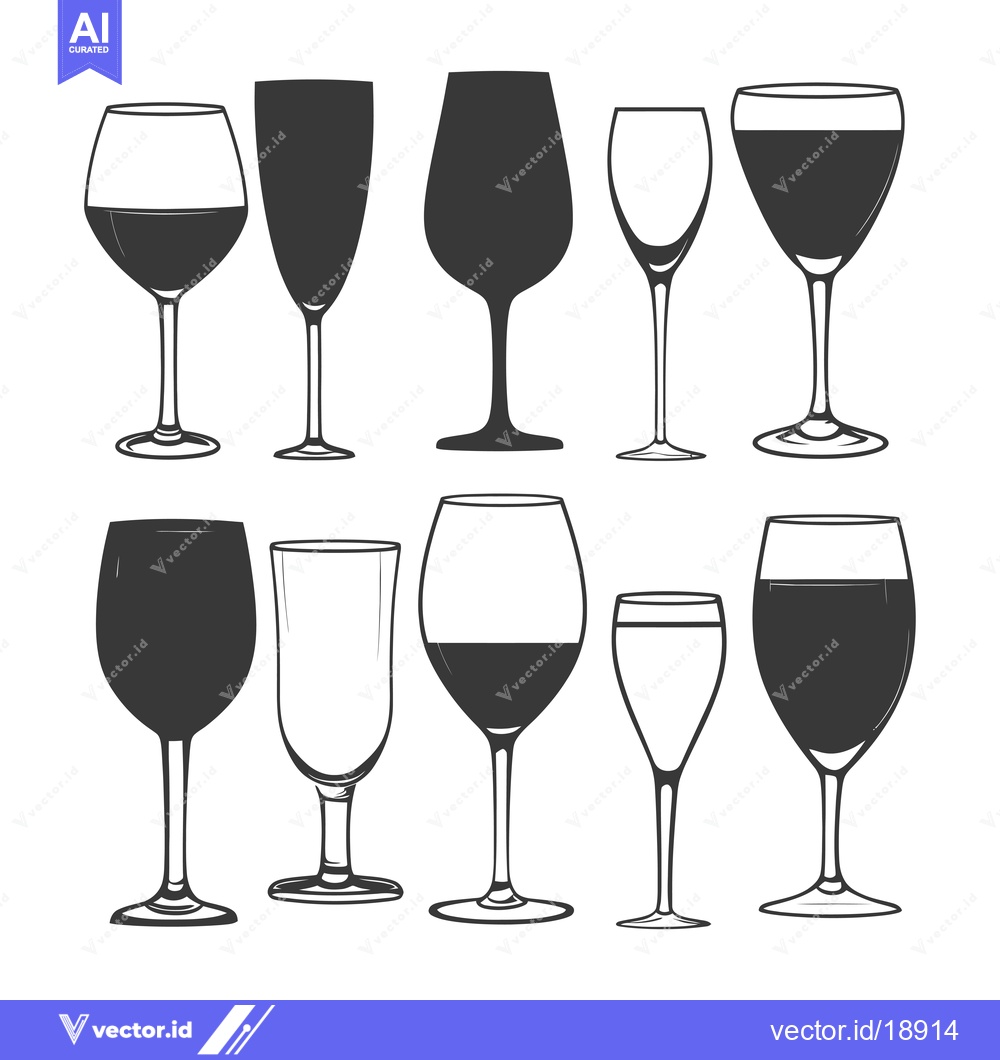 Premium Vector of A Set of Ten Wine Glasses in Various Styles and Fills