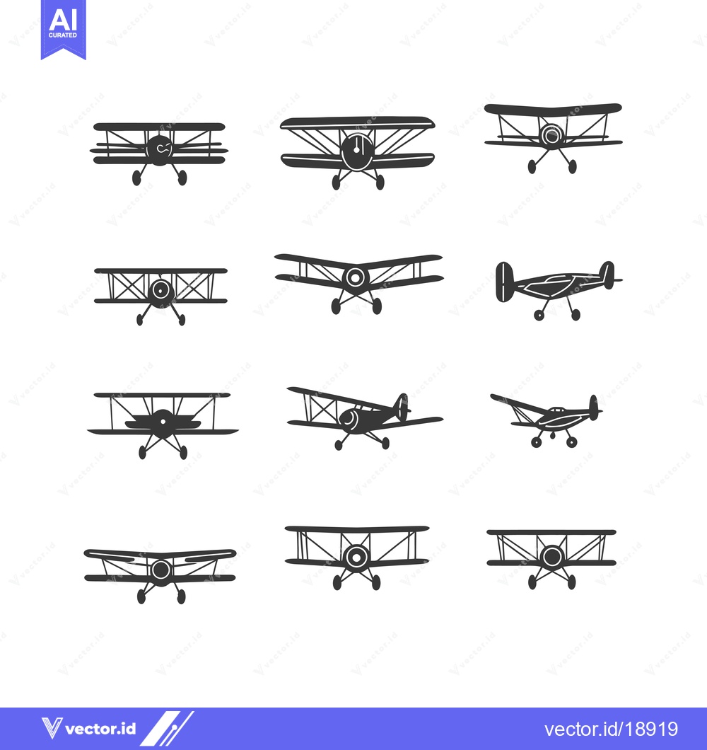 Premium Vector of A Set of Twelve Black and White Biplane Illustrations