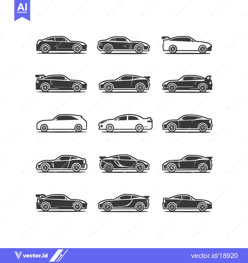 Premium Vector dari A Set of Twelve Black and White Car Silhouettes in Side View
