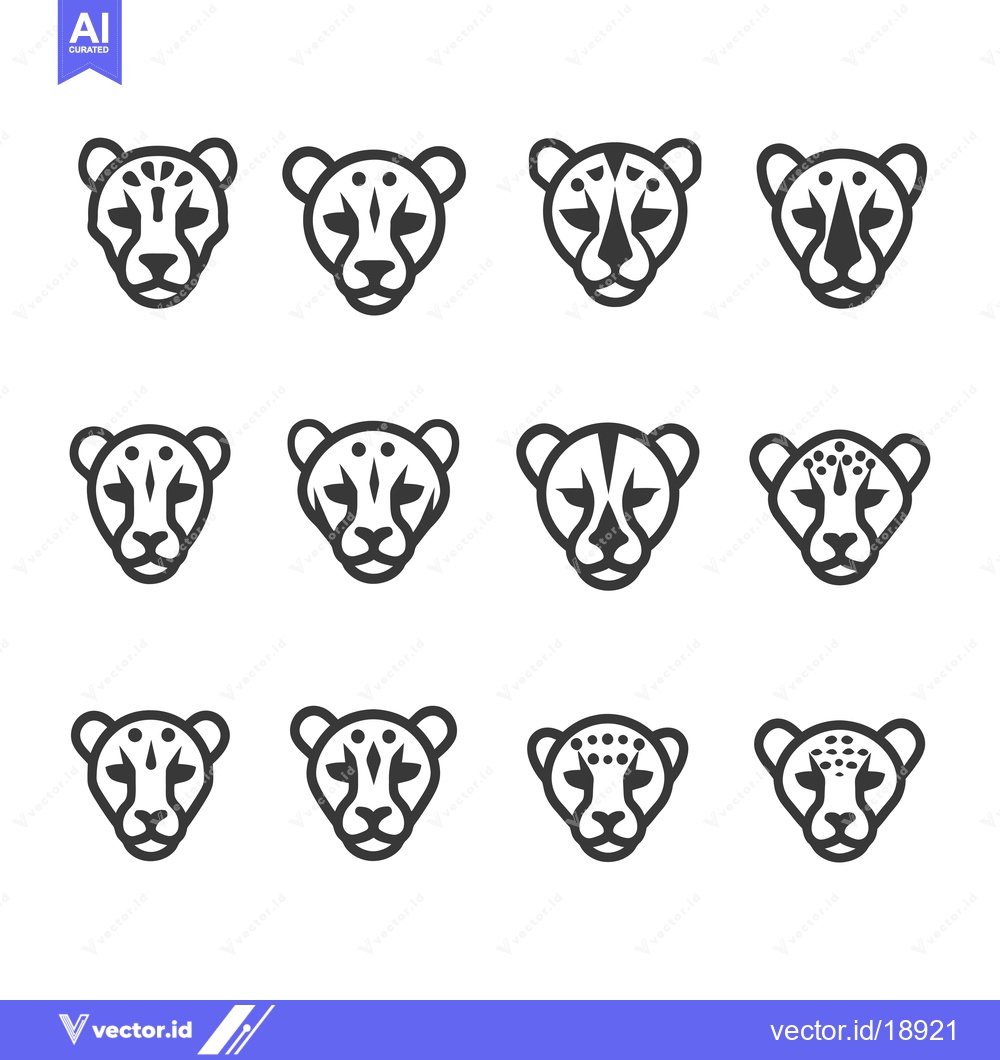 Premium Vector dari A Set of Twelve Black and White Cheetah Head Icons