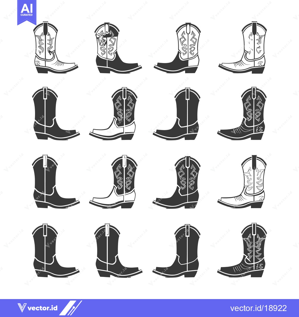 Premium Vector dari A Set of Twelve Black and White Cowboy Boots