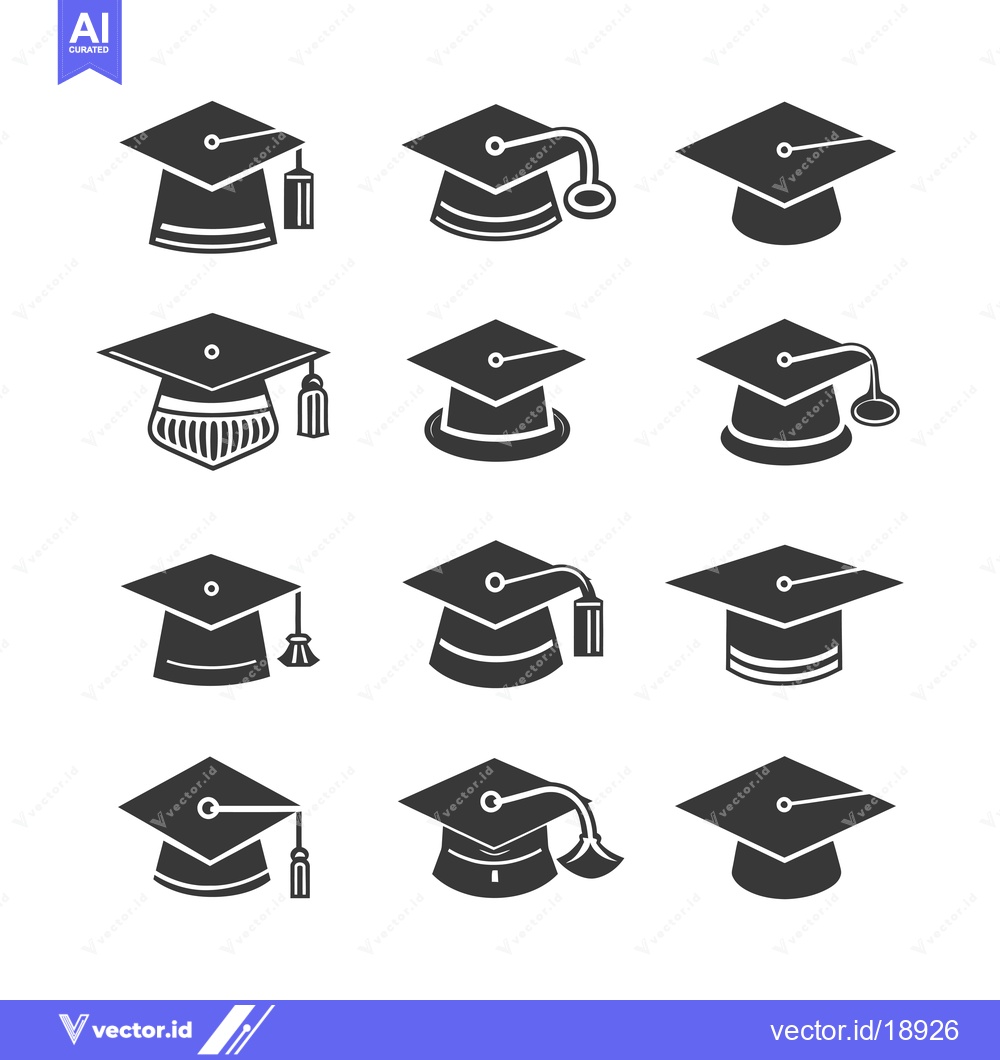 Premium Vector dari A Set of Twelve Black and White Graduation Caps