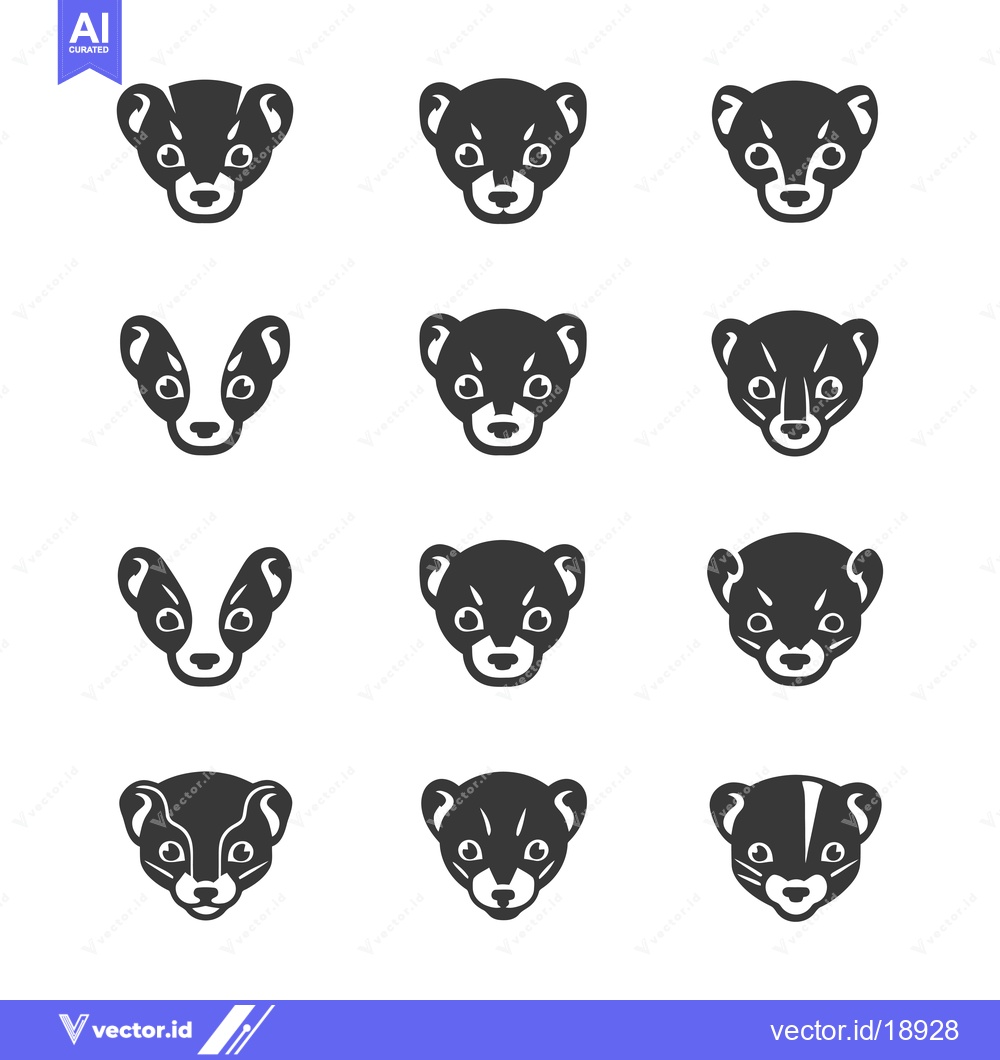 Premium Vector dari A set of twelve black and white illustrations of a weasel's head, feat