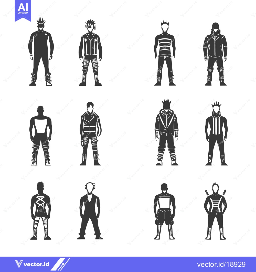 Premium Vector of A set of twelve black and white illustrations of male punk fashion fig
