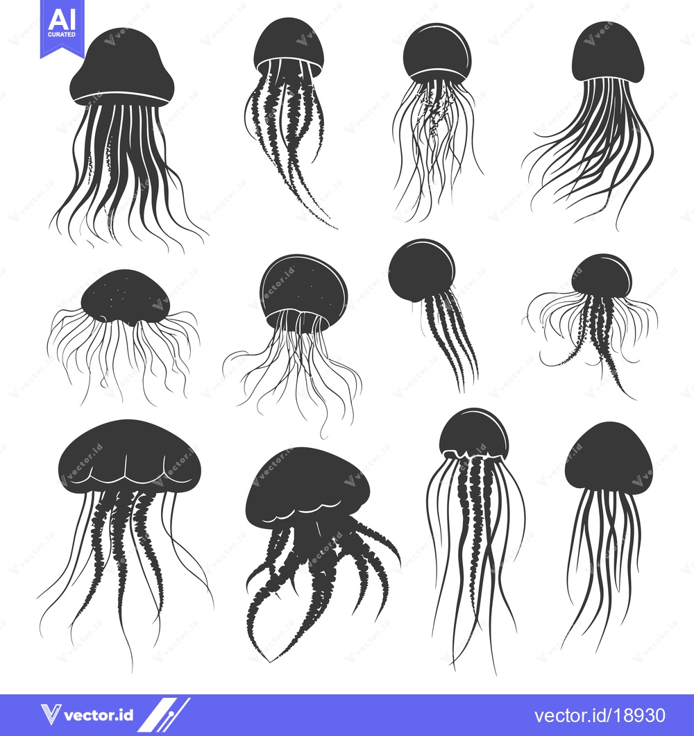 Premium Vector of A Set of Twelve Black and White Jellyfish Silhouettes