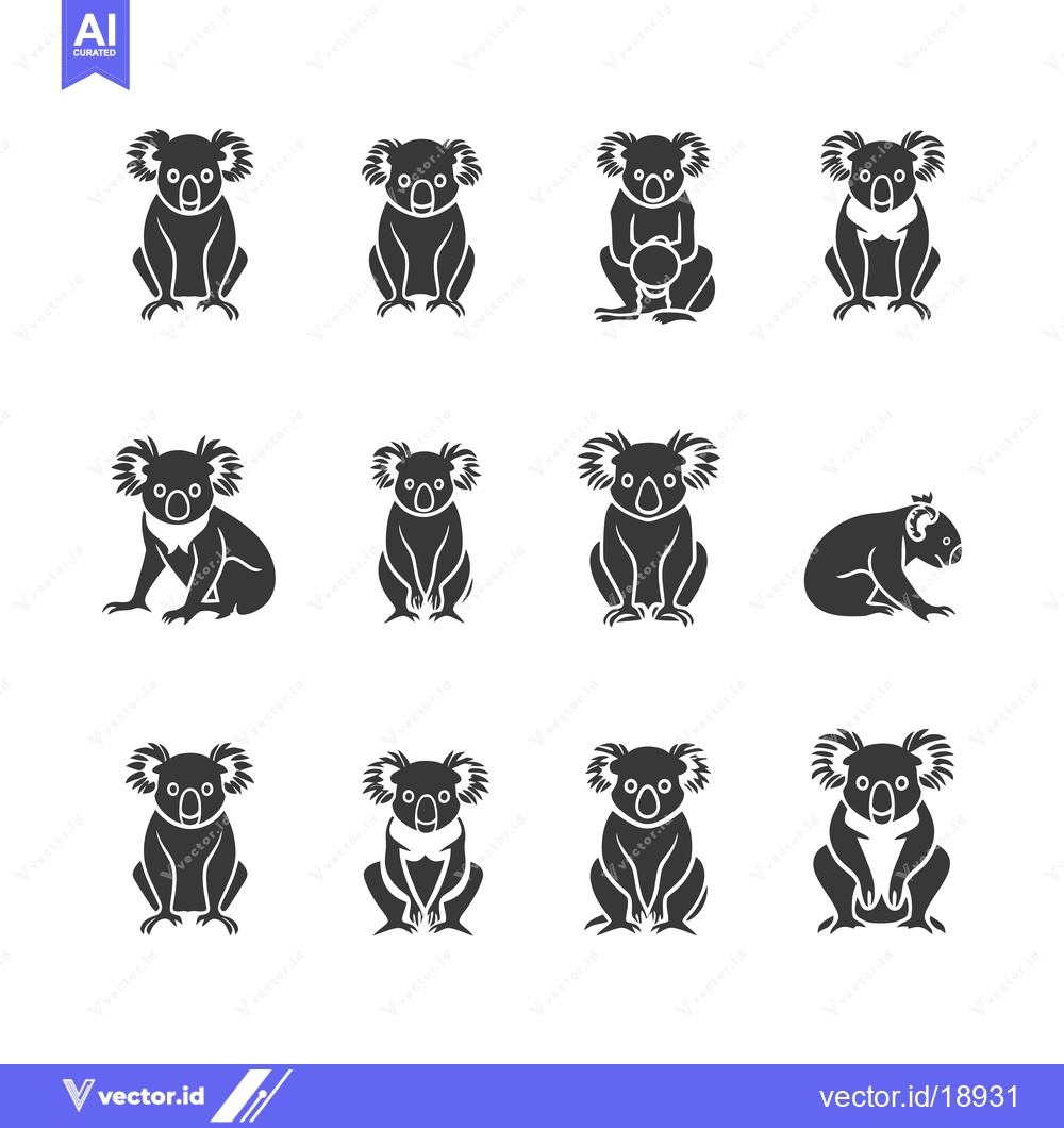 Premium Vector dari A Set of Twelve Black and White Koala Bear Silhouettes