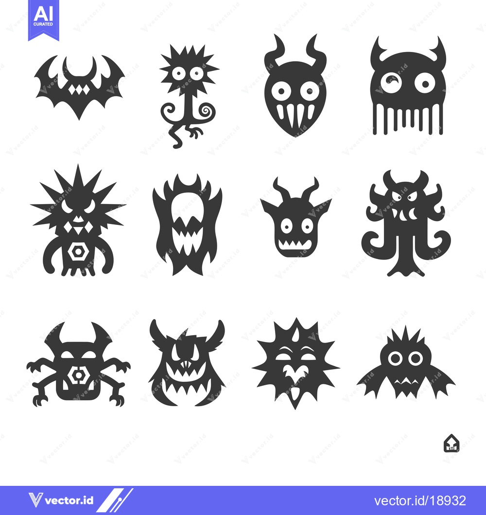 Premium Vector of A Set of Twelve Black and White Monster Silhouettes