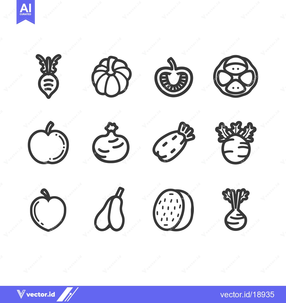 Premium Vector dari A Set of Twelve Black and White Vegetable Line Drawings