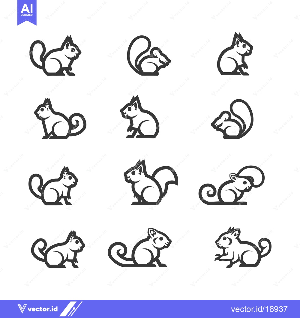 Premium Vector of A Set of Twelve Black Line Drawings of Squirrels in Various Poses